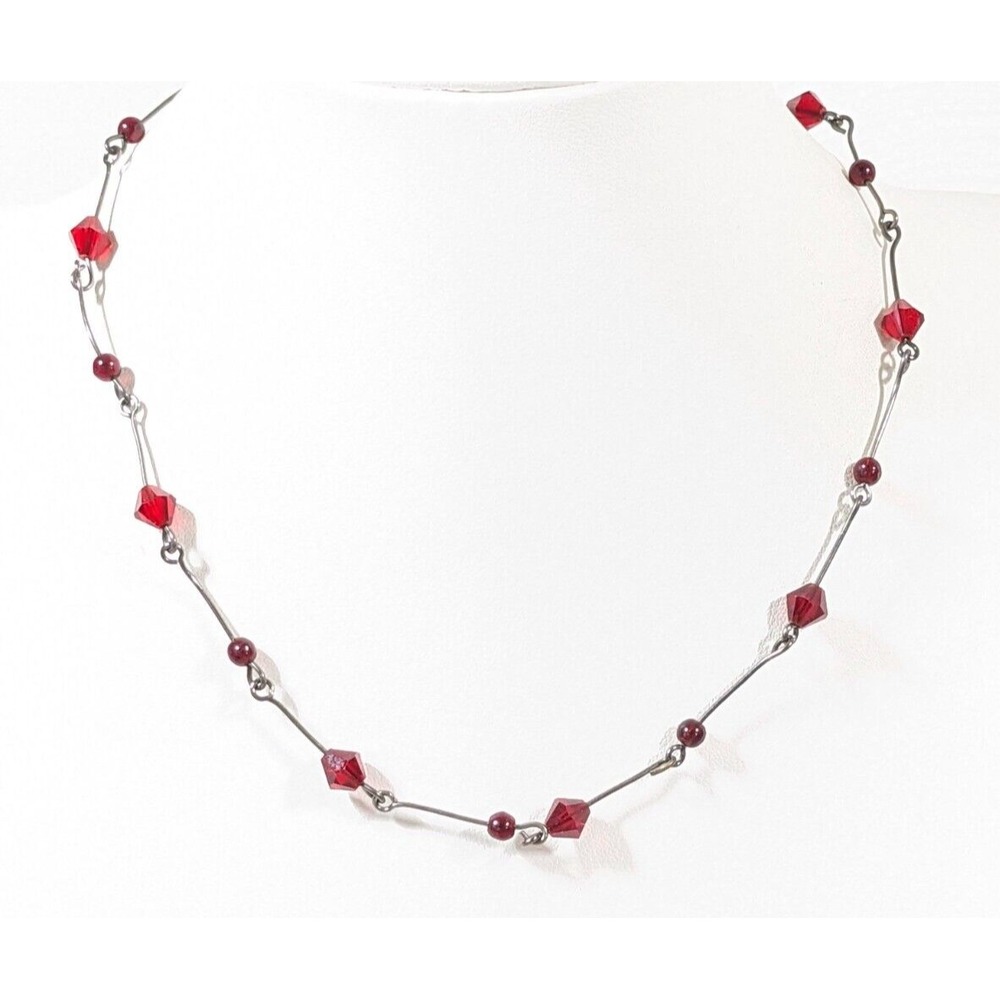 Red Glass Bead Silver Tone Bar Choker Necklace 15.5 in Gothic Minimalist